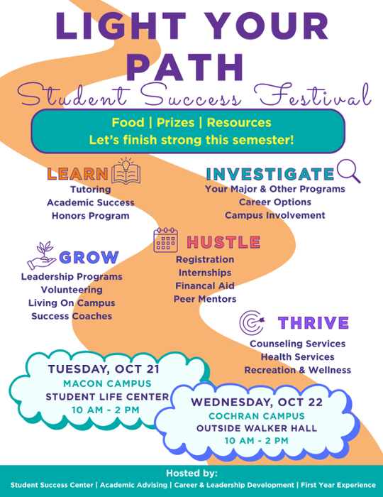 The LIGHT Your Path Student Success Festival committee is excited to announce the upcoming Light Your Path at MGA: Student Success Festival, a University-wide event designed to help students connect with key campus resources, finish the semester strong, and celebrate their academic journey!